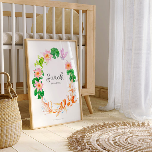 Framed personalised Pisces zodiac sign baby name poster with koi carp, waterlilies, a frog and a dragonfly painted in watercolours, set in a room with a crib and basket.
