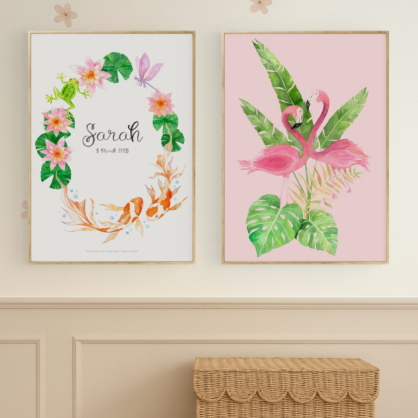 Girls' nursery decorated with personalised Pisces zodiac poster and watercolour poster with flamingos on a wall with wicker storage baskets below.