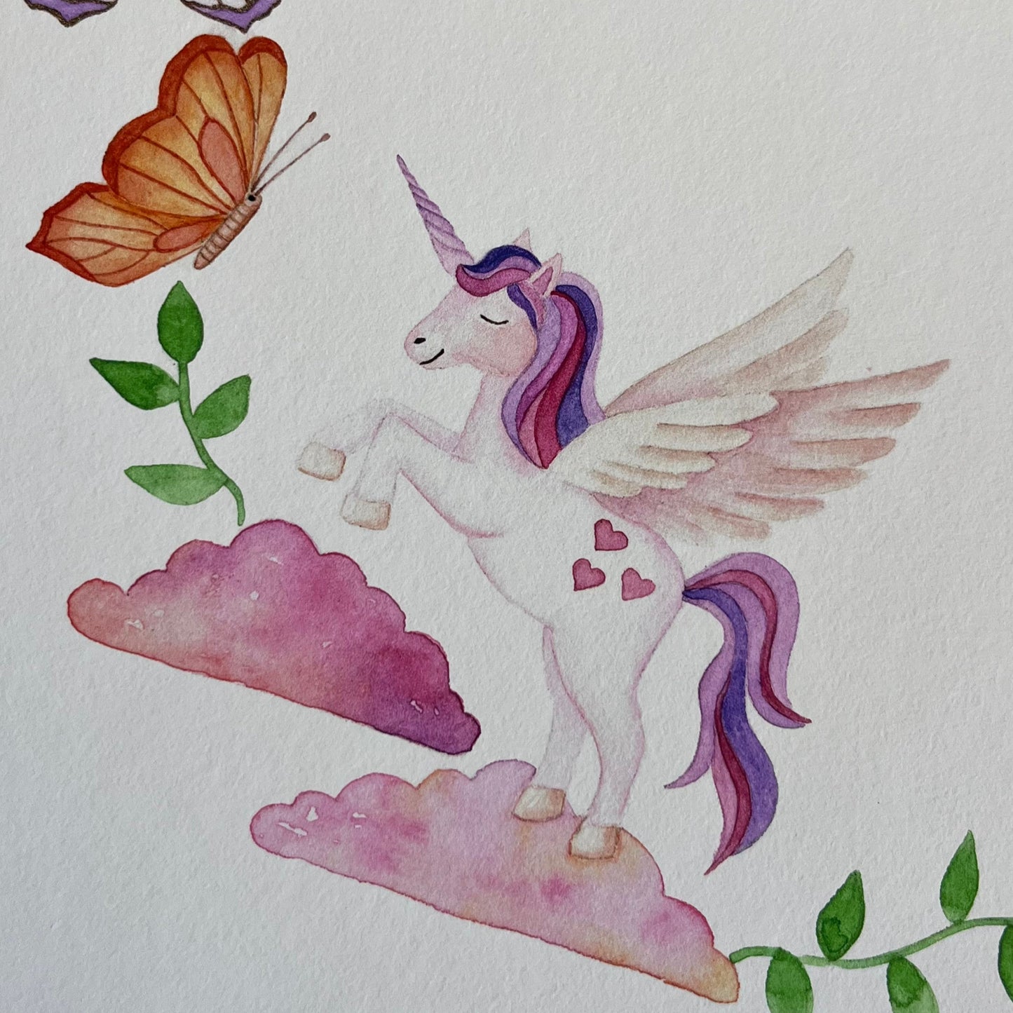 Unicorn illustration on art paper with butterflies