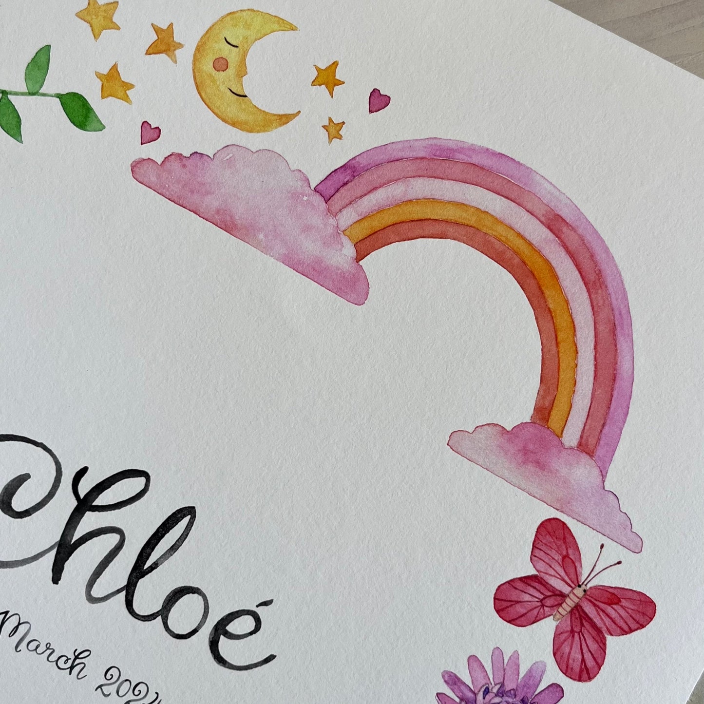 Watercolour poster with a rainbow, flowers, and the name 'Chloe' on a white background.