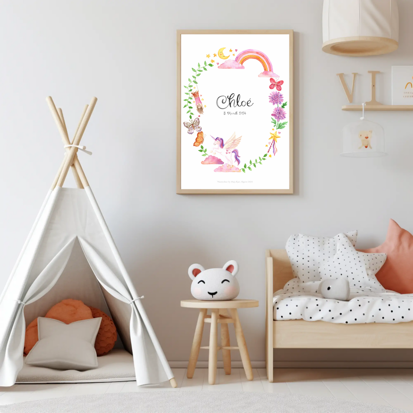 Baby girl custom name print Rainbows and Unicorns with flowers and butterflies, framed on nursery wall