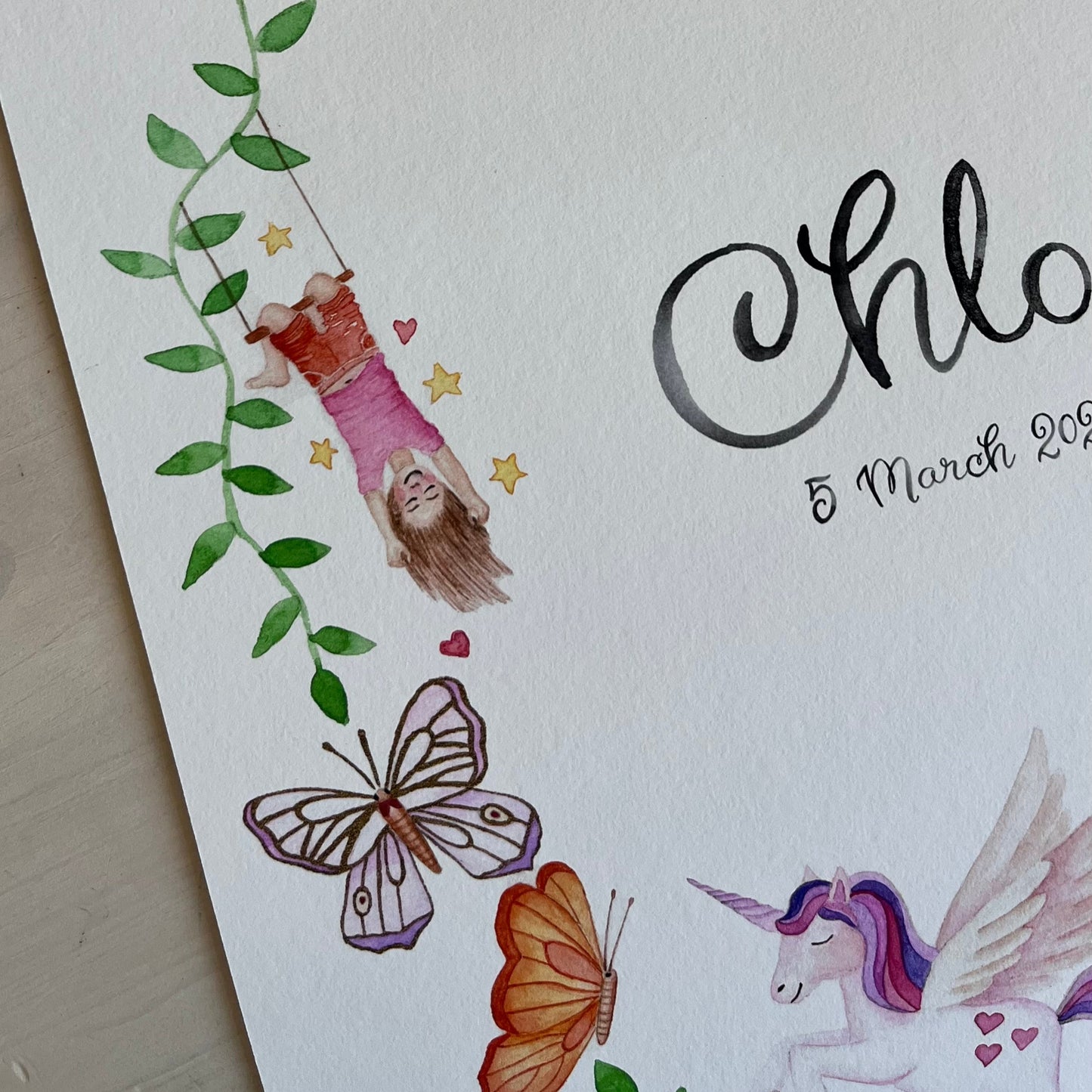 Children's name print with illustrations of a rainbow, clouds, stars, and a girl on a swing