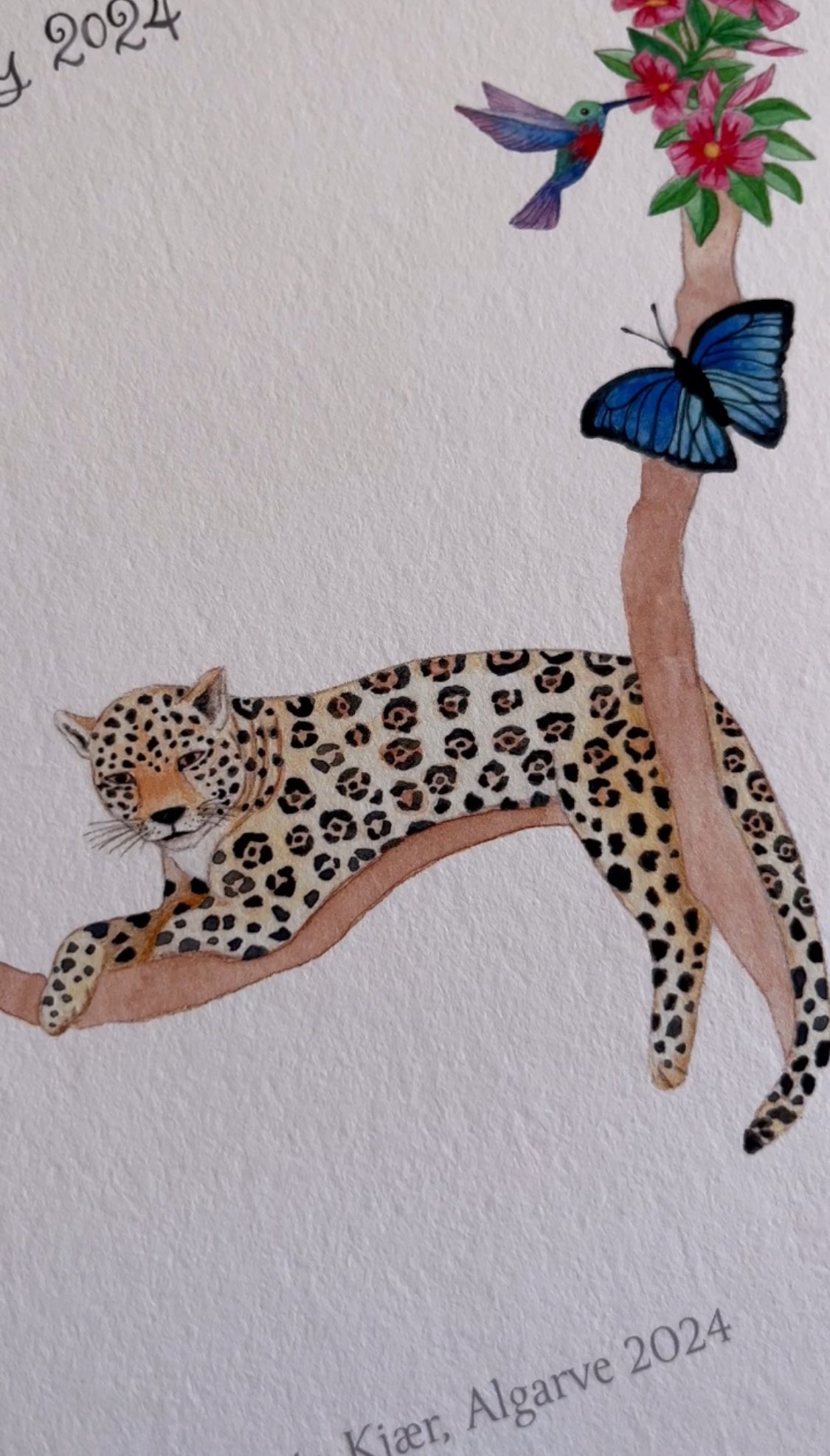 Details of watercolour jaguar on jungle name print for nursery