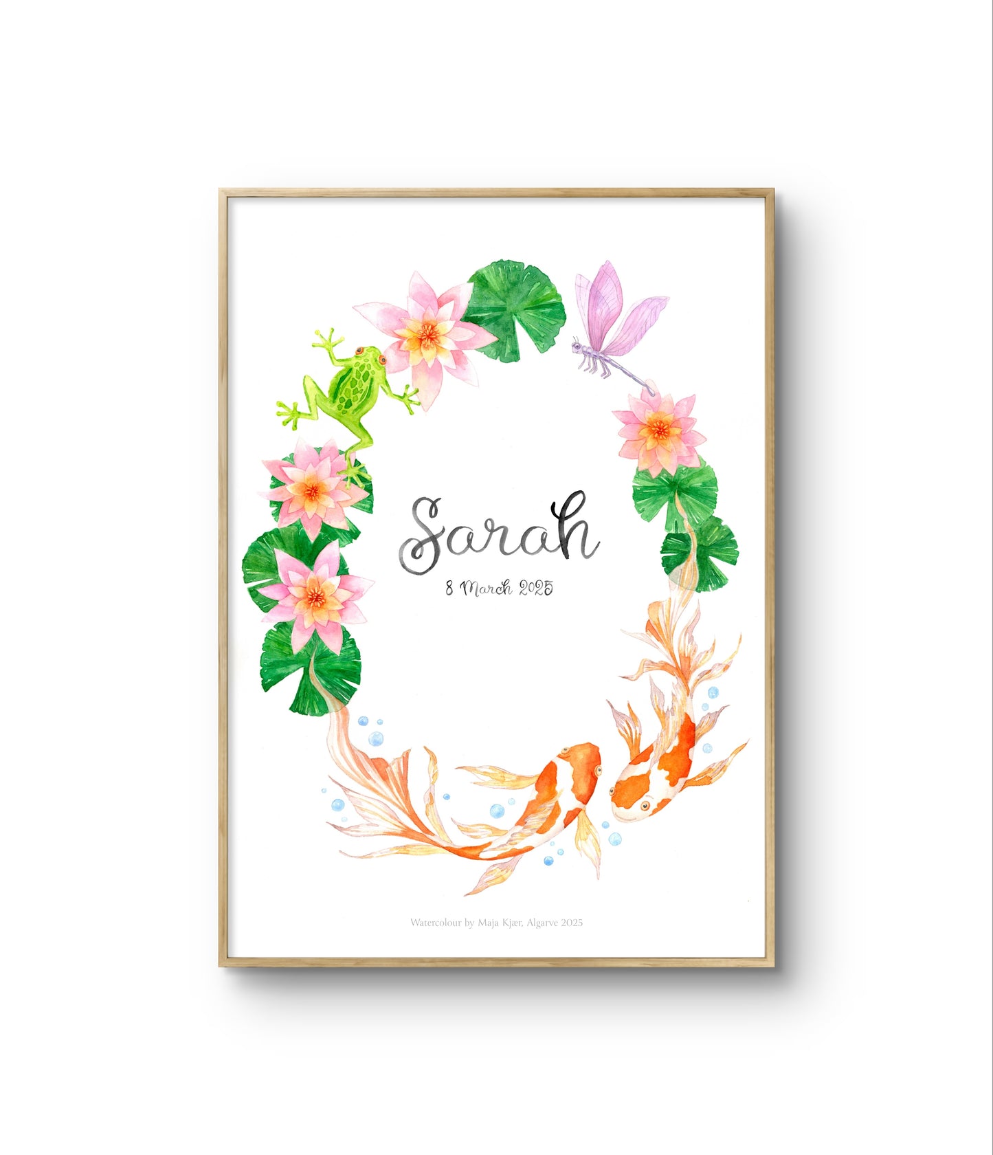 Framed watercolour artwork for kids with colorful illustrations of animals and plants, featuring the name 'Sarah'.
