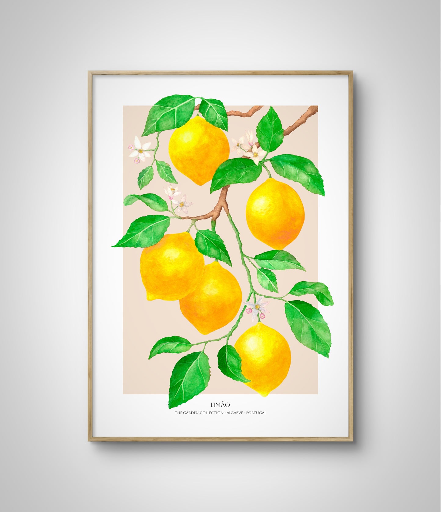 Framed fruit poster with lemons on sand background hanging on white wall