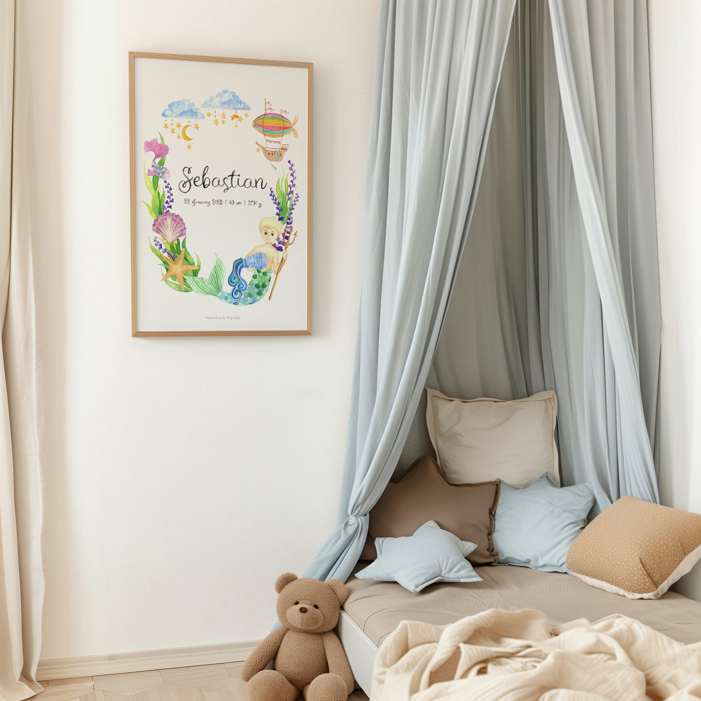 Children's bedroom with a framed custom zodiac poster for boys with underwater theme