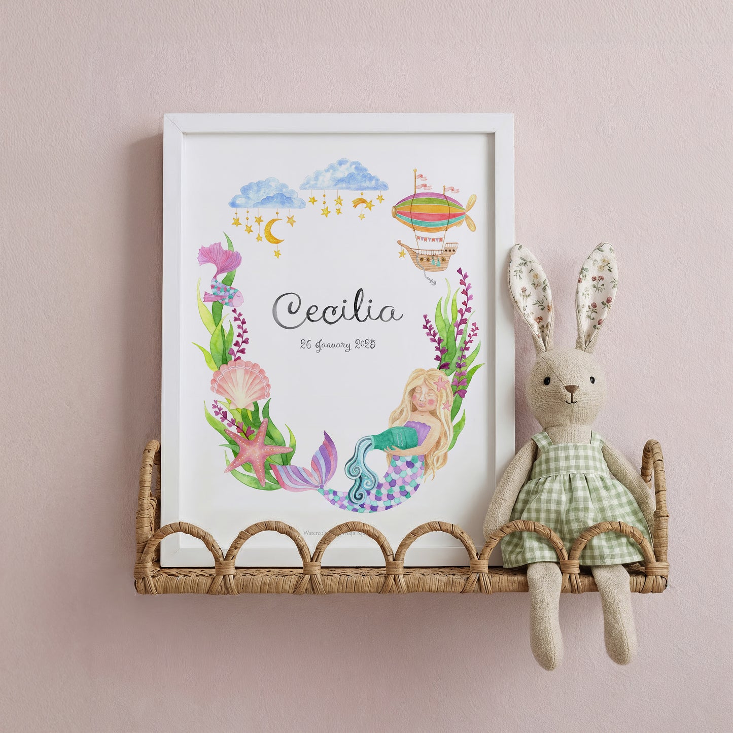 Baby girl name and birth print with zodiac sign Aquarius, featuring a mermaid in a magical underwater world