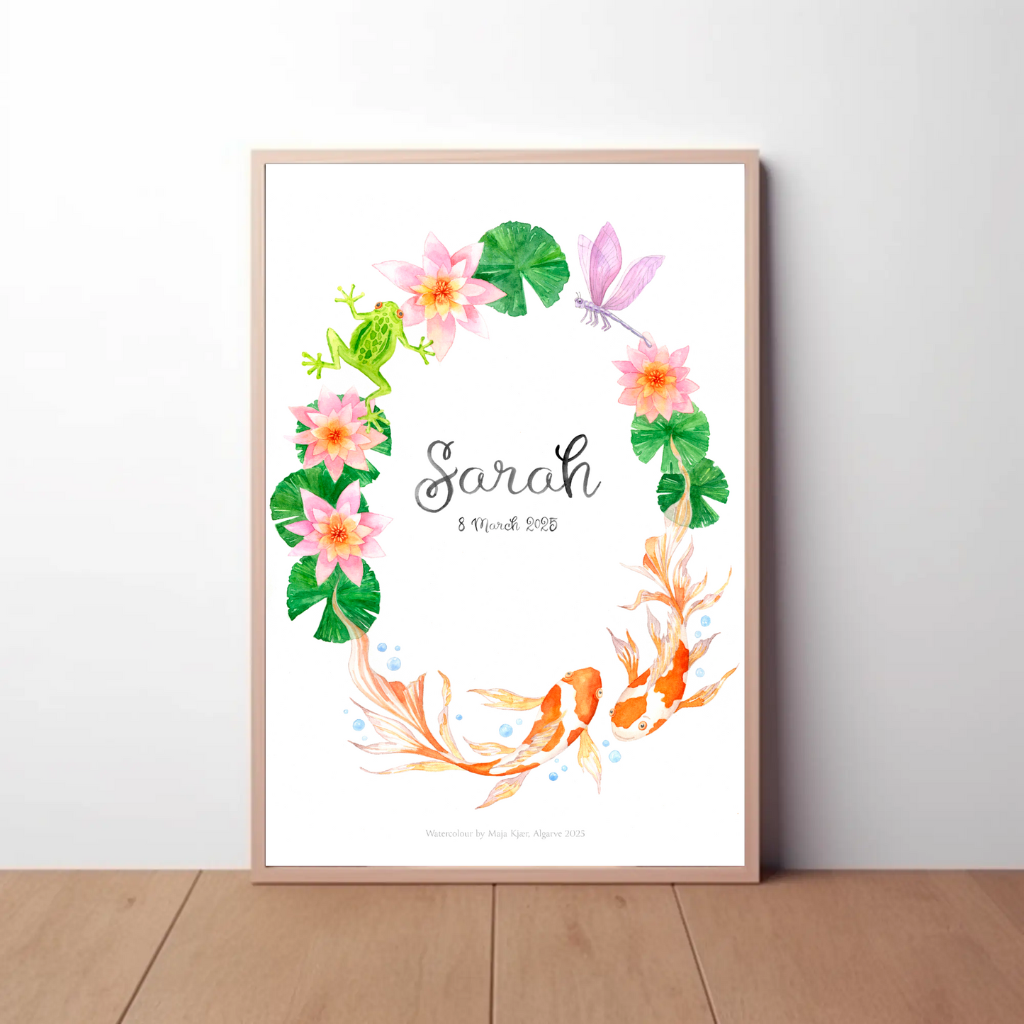 Framed artwork with floral design and 'Sarah' text on a white background