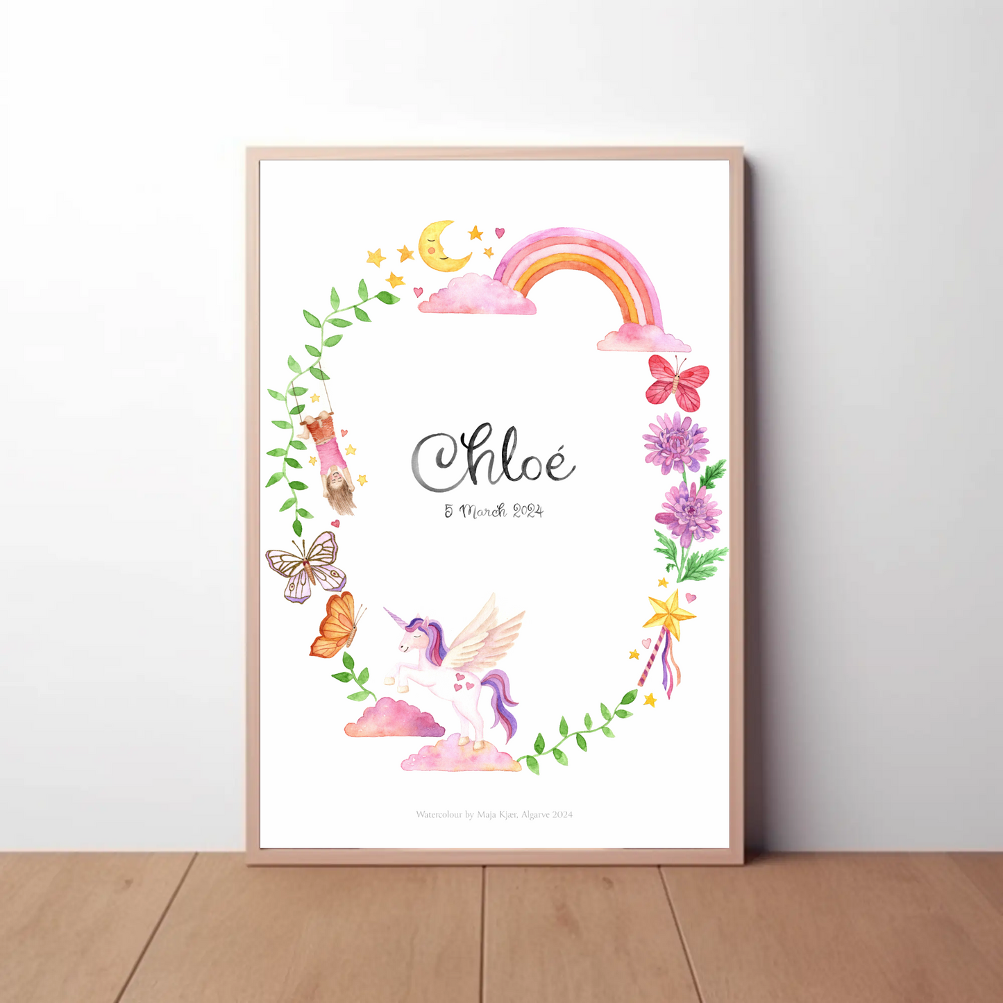 Watercolour name poster for baby girl with rainbows and unicorns