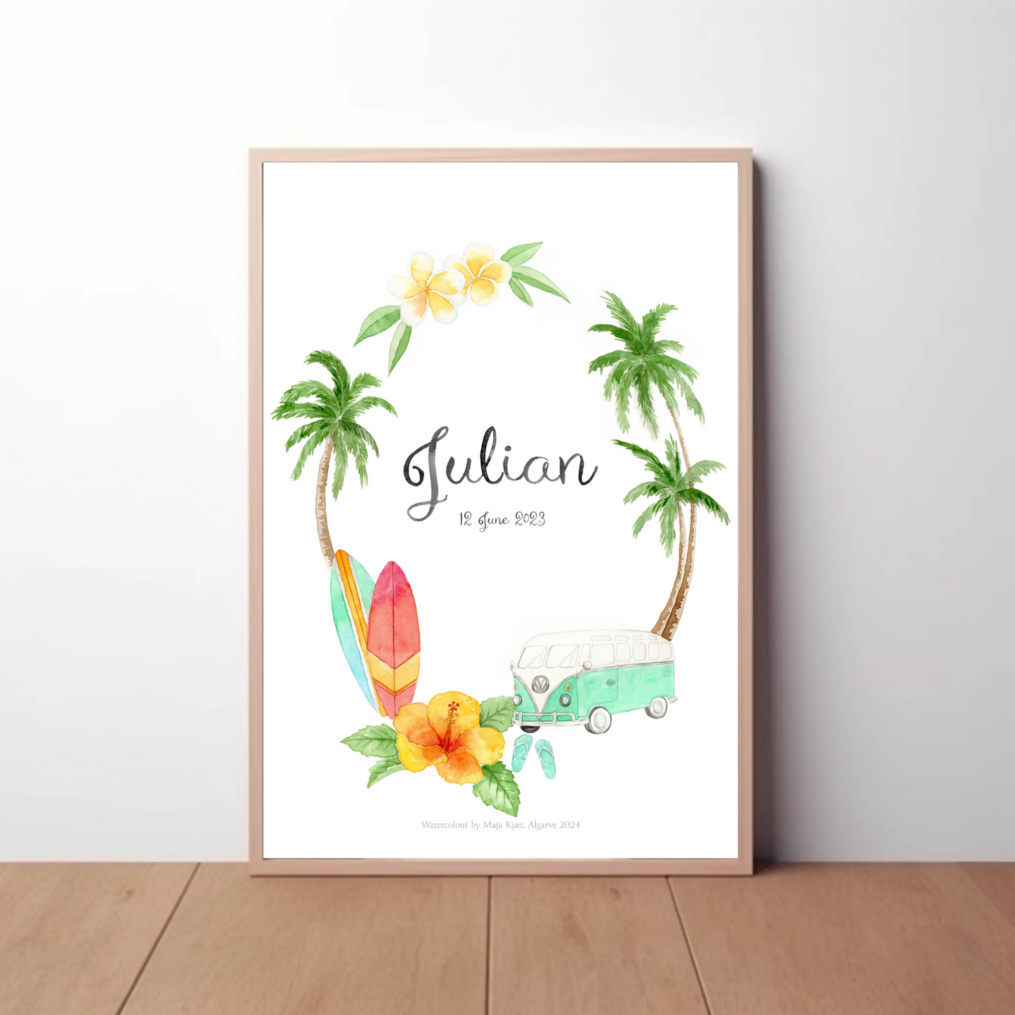 Nursery name print with palm trees and surfboards in oak frame