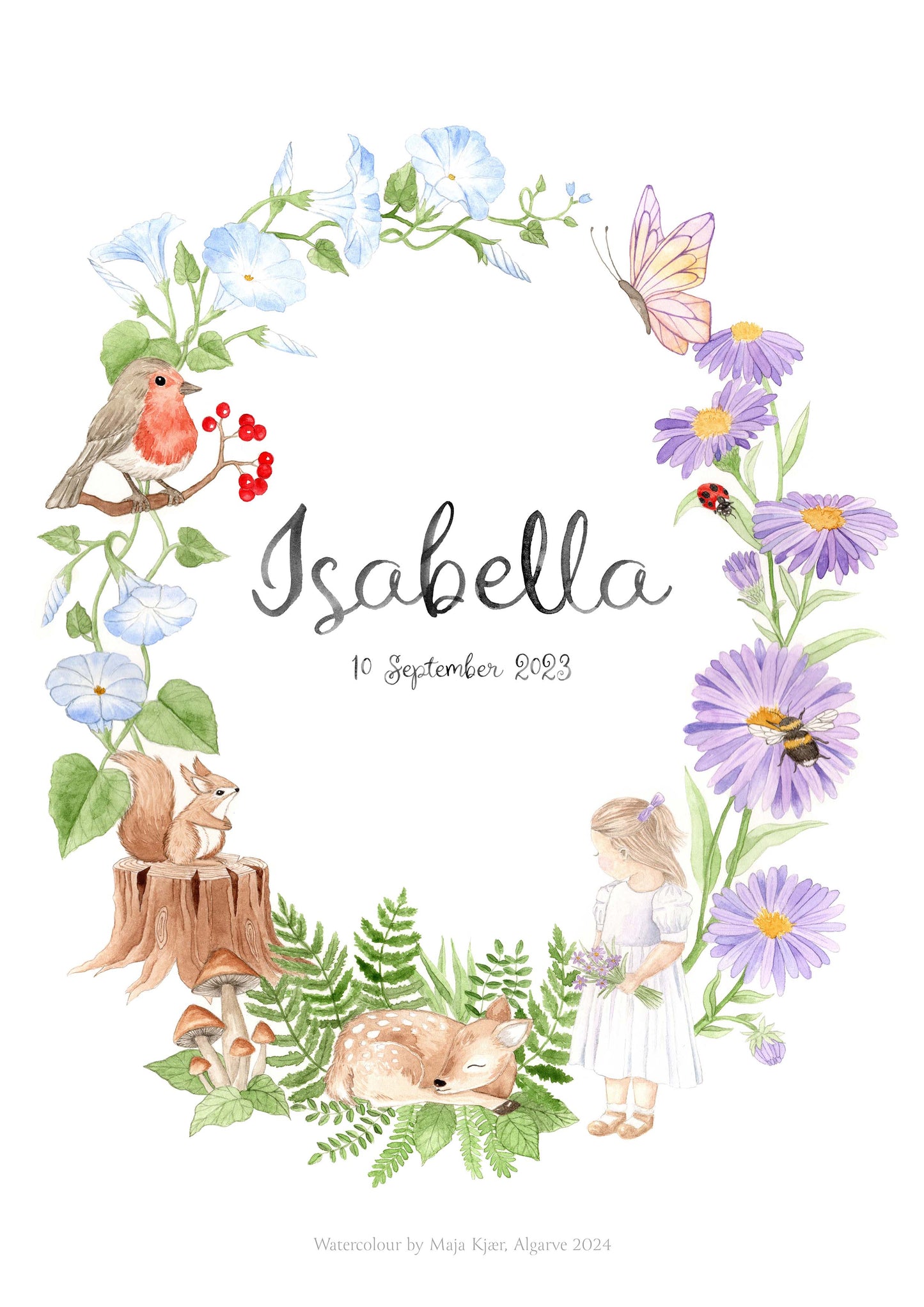 Close-up of woodland baby girl name print with animals and flowers, unframed flat-lay