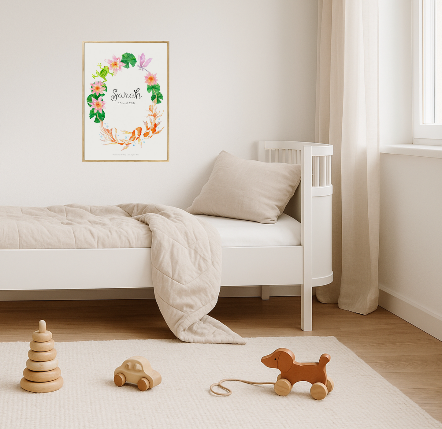 Children's room with a crib, toys, and a decorative wall art piece.