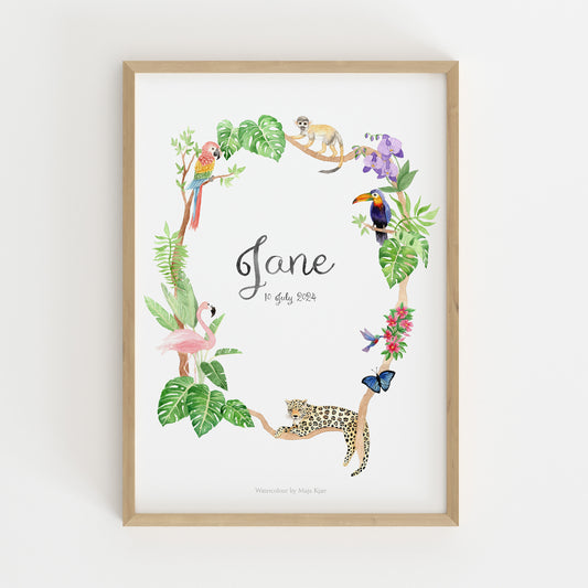 Framed baby name poster with jungle animals and leaves on a white background