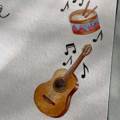 Illustration of a guitar, drum, and musical notes on a light background