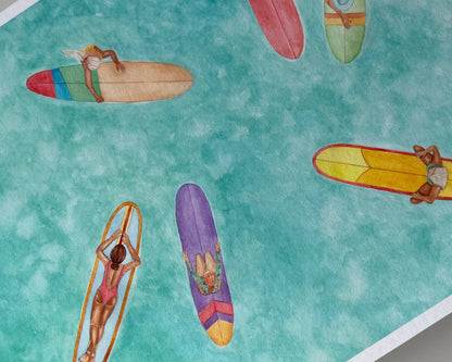 Colorful surfboards with people on a turquoise background