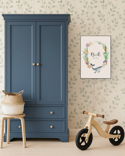 Blue wardrobe with a wooden stool and balance bike in a room with floral wallpaper.