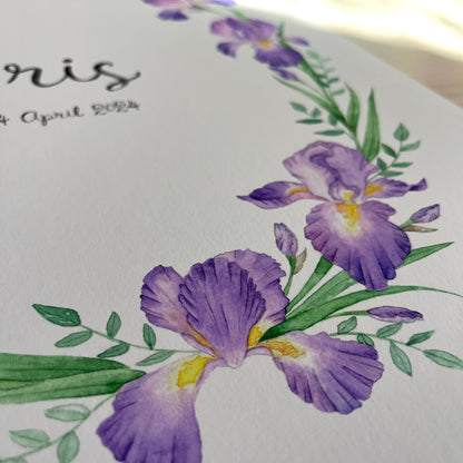 Name poster with purple iris flowers and green leaves on a light background.