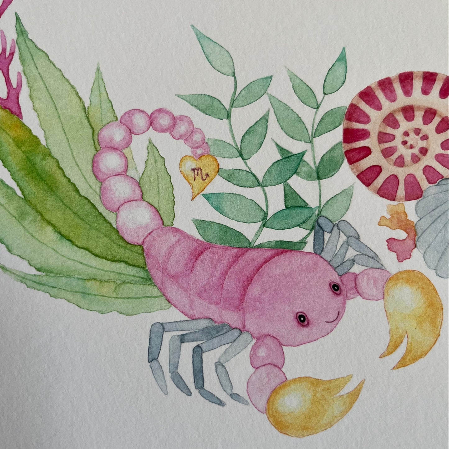 Details of zodiac sign poster for girls with a pink scorpion in watercolour