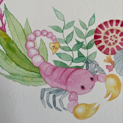 Details of zodiac sign poster for girls with a pink scorpion in watercolour