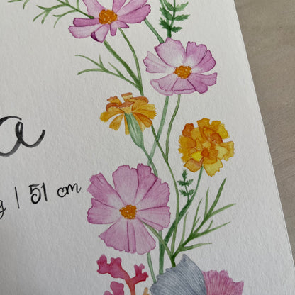 Details of watercolour children's name poster for zodiac sign Scorpio, personalised with name and birthdate  for baby girls