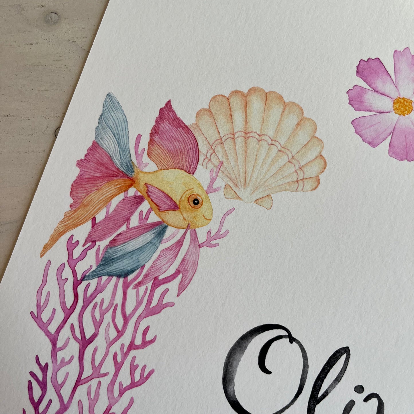 Details of personalised zodiac sign poster for Scorpio girls with fish, corals, shells and flowers 