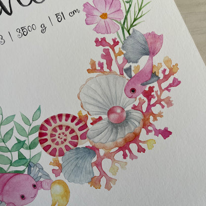 Closeup of watercolour Scorpio zodiac sign poster for children, illustration of cute scorpion, fish and sea shells in coral reef. 