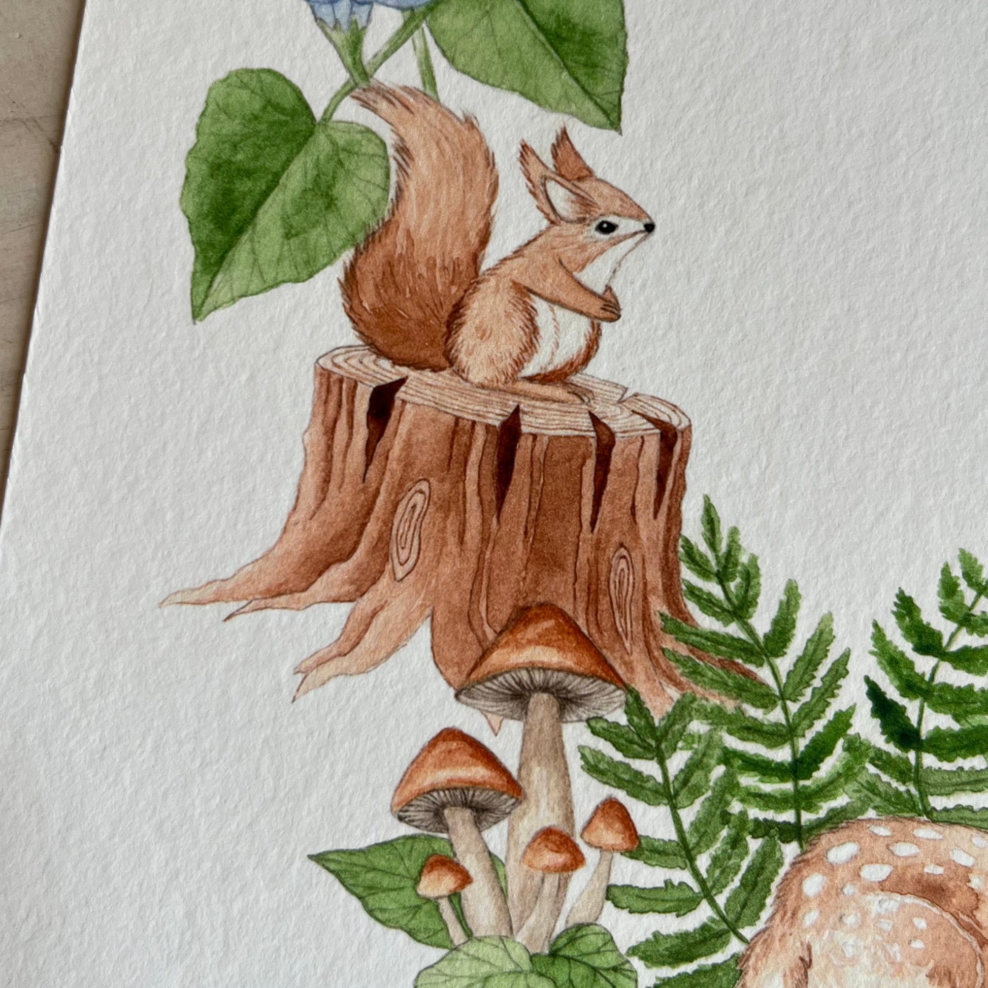 Illustration of a squirrel on a stump with flowers, leaves, and a deer in the background.