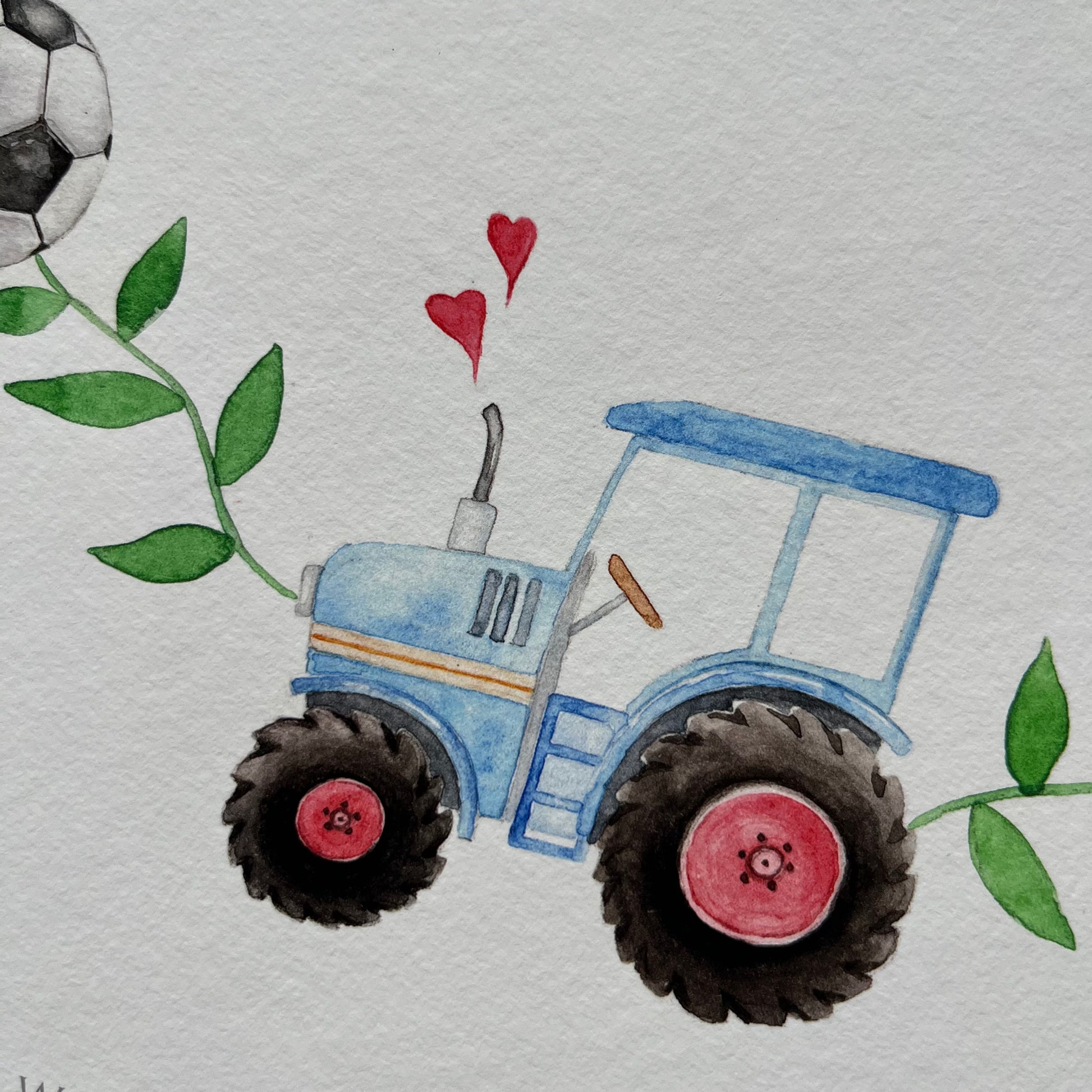 Baby boy name poster with watercolor illustration of a blue tractor with red wheels in a wreath of green leaves