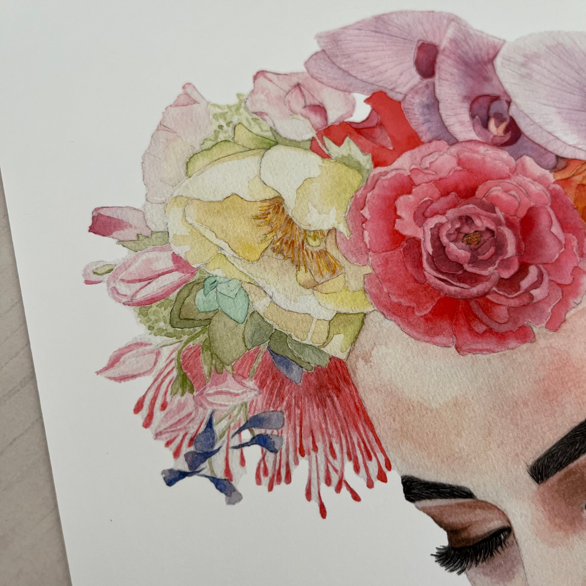 Artistic illustration of a woman's face with colorful flowers on her head against a white background
