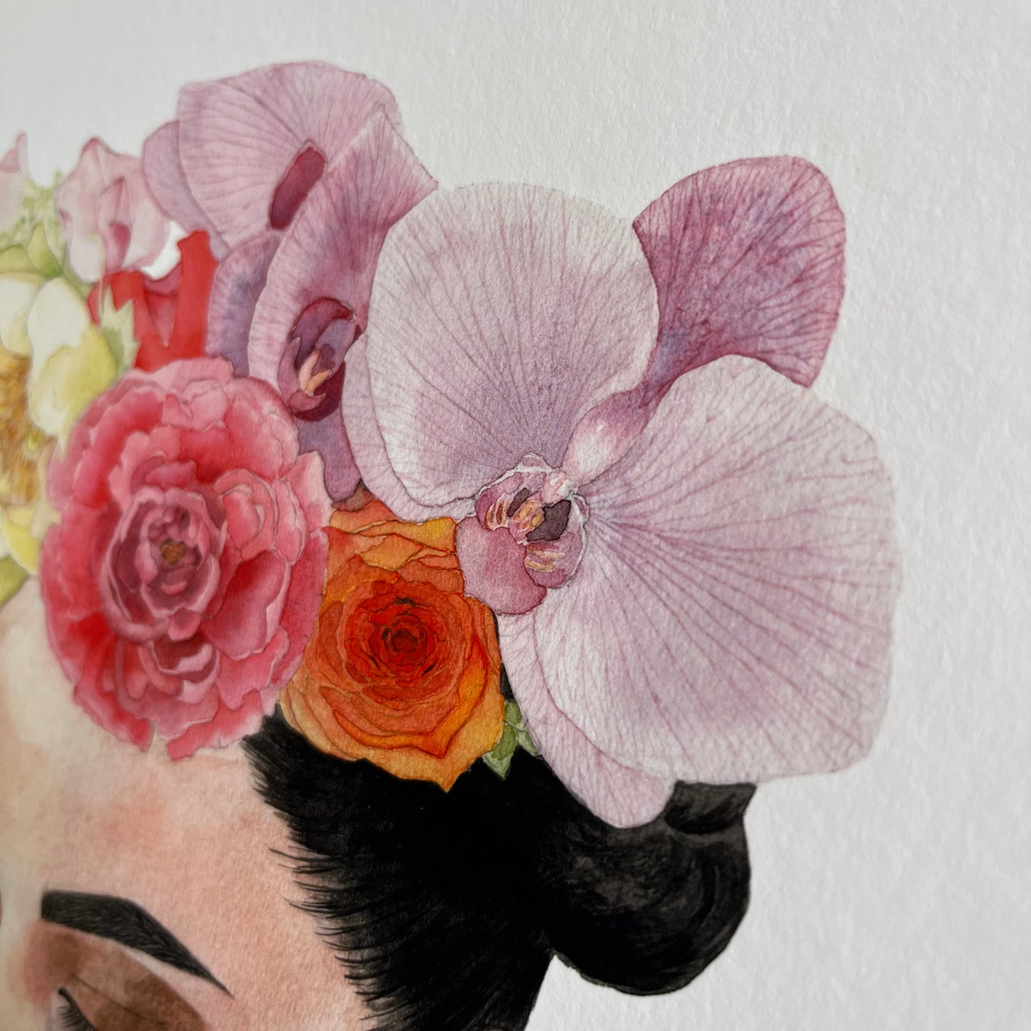 Artistic depiction of a person with flowers on their head against a light background