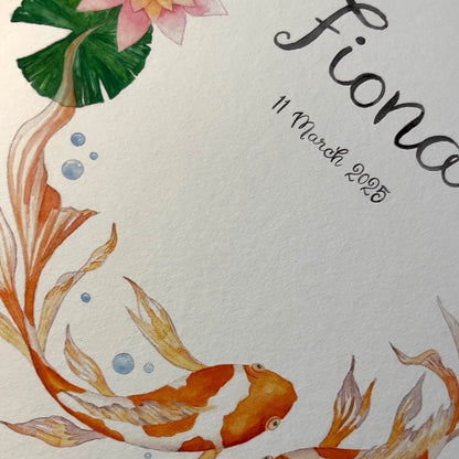 Close-up of painted koi fish and waterlily design, featuring the name 'Fiona' and date.