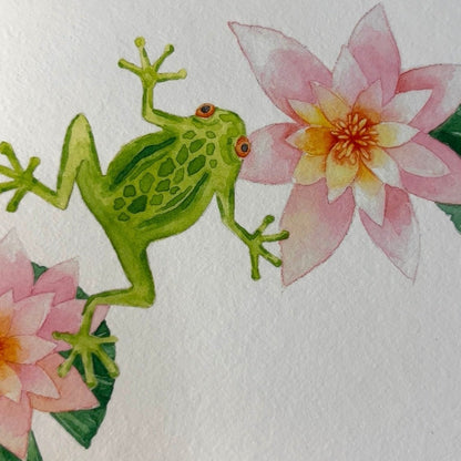 Green frog and pink flowers on a white background with 'Fiona' text.