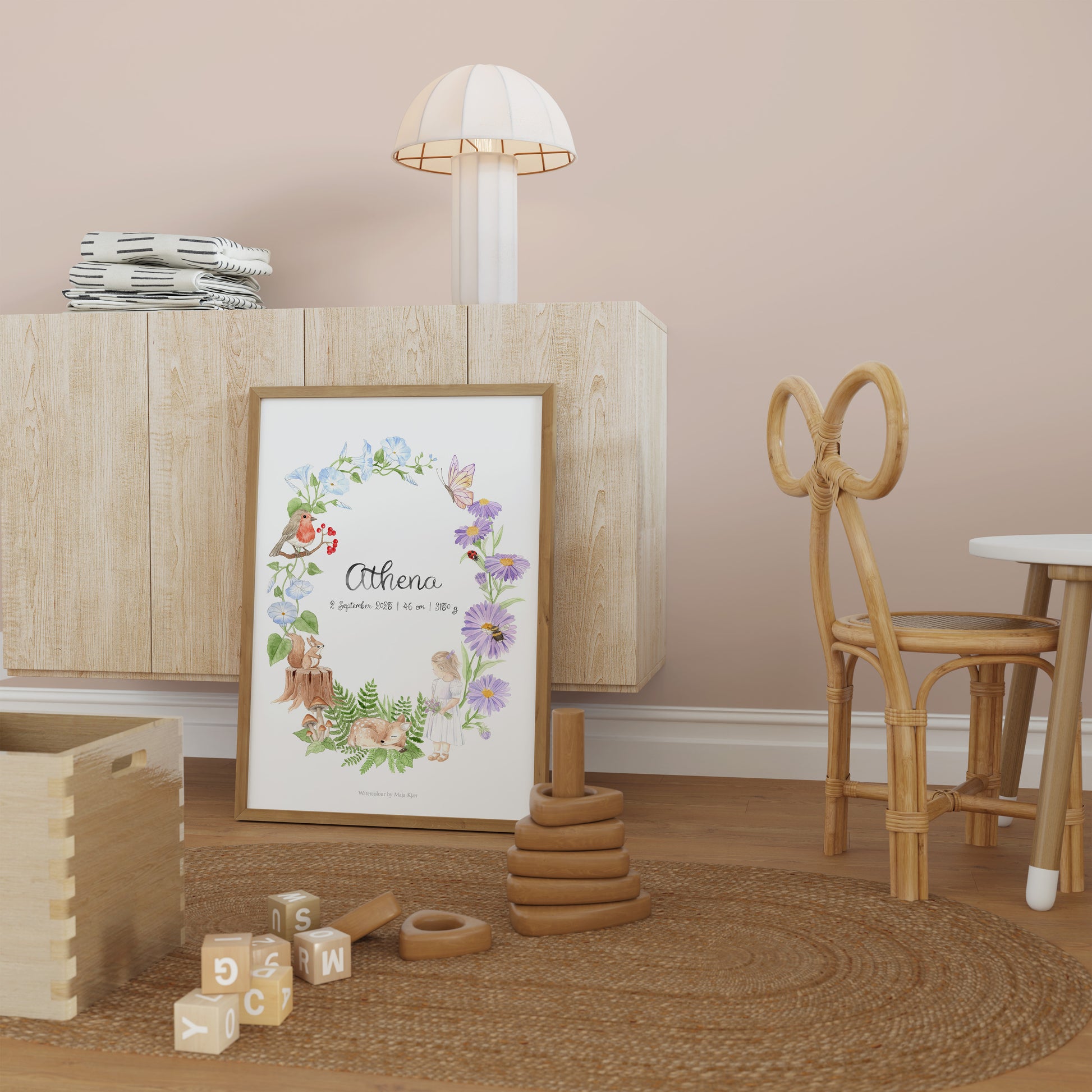 Woodland theme personalised name print for Virgo baby, with squirrel, fawn, robin, and butterfly in watercolour