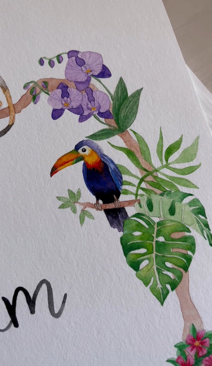 Details of watercolour hornbill on jungle name poster for the nursery 