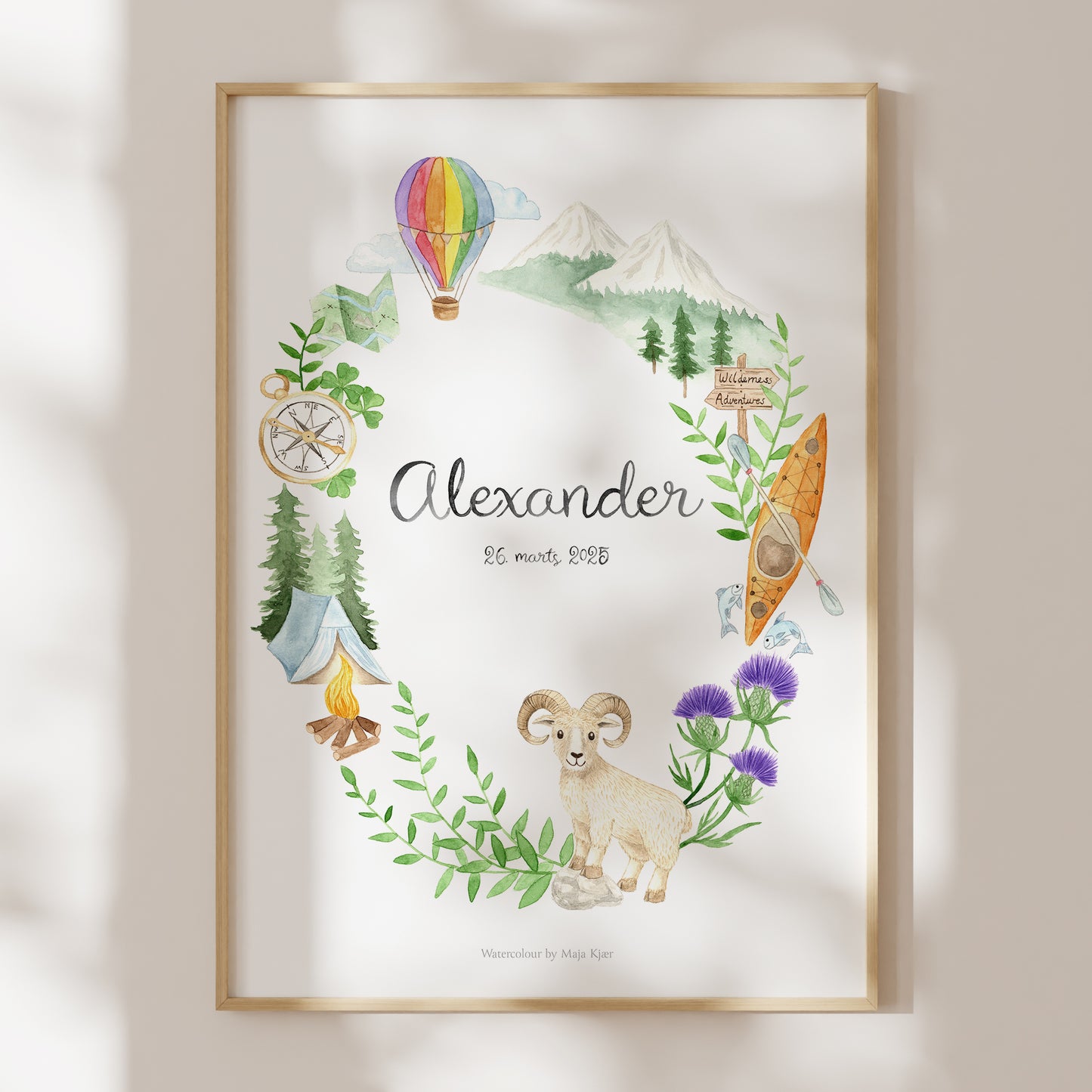 Custom zodiac poster for Aries children with hot-air balloon, kayak, mountains and the Aries ram in a wreath of green leaves