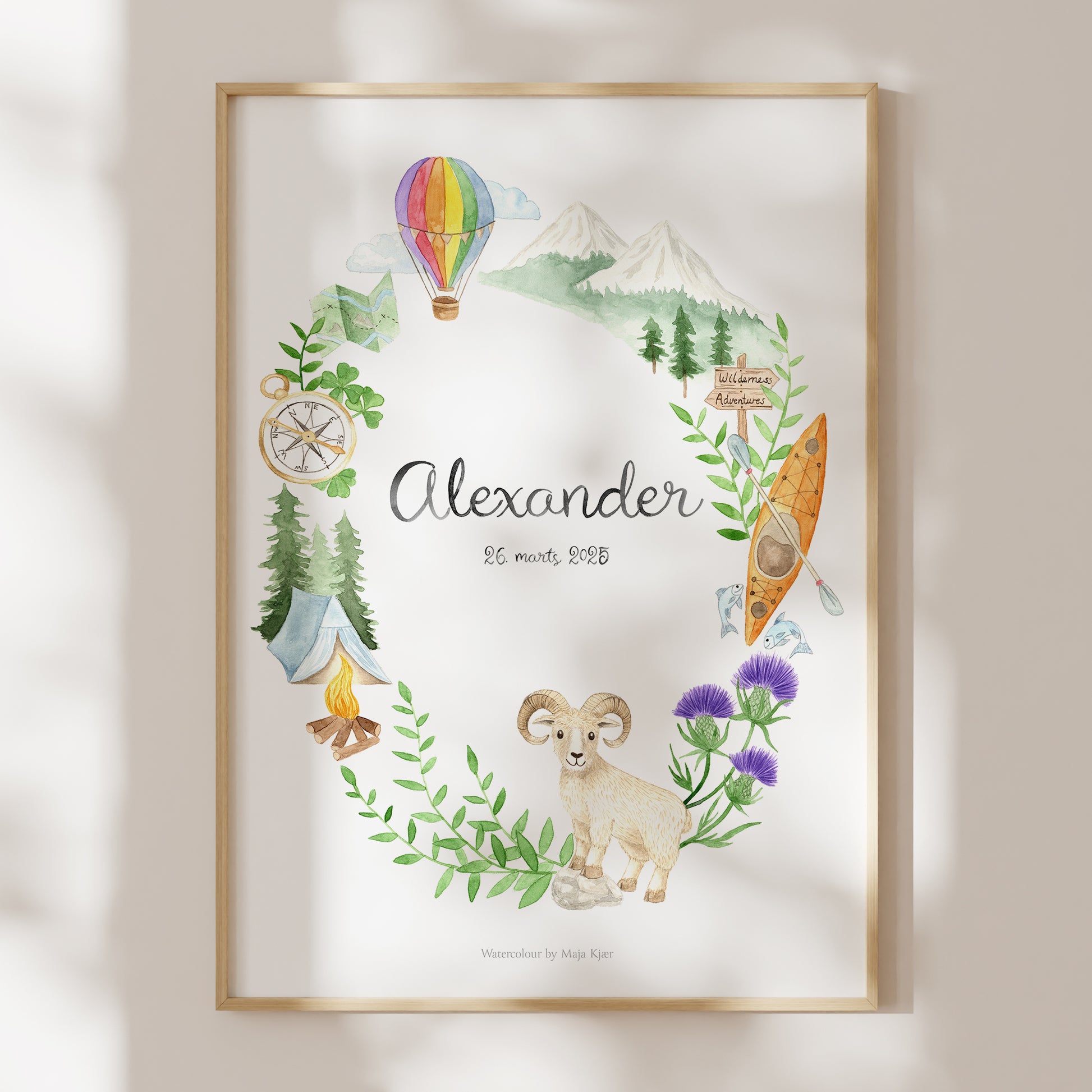 Custom zodiac poster for Aries children with hot-air balloon, kayak, mountains and the Aries ram in a wreath of green leaves