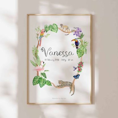 Jungle animals name & birth print