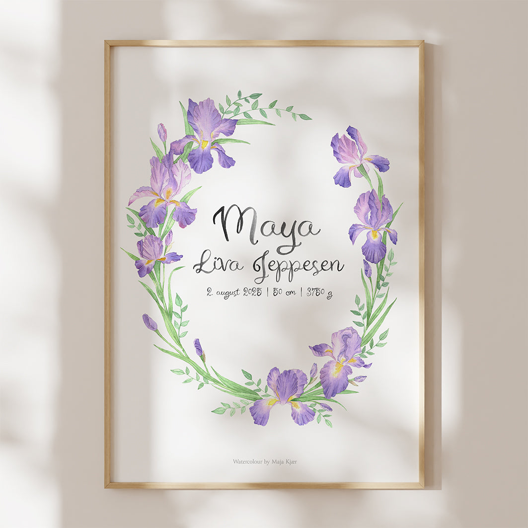 Framed artwork with purple flowers and text on a white background