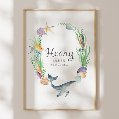 Framed artwork with underwater theme featuring fish and plants on a light background