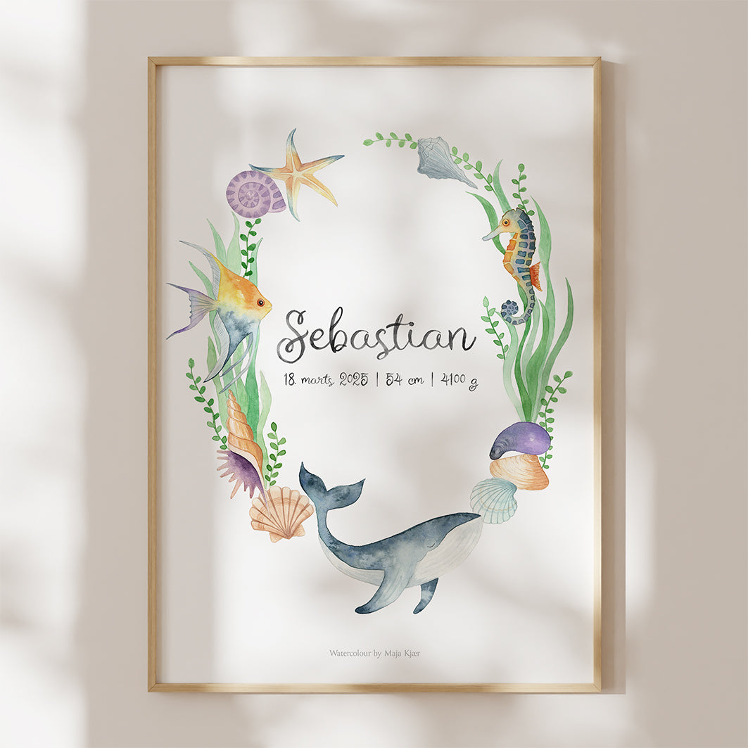 Framed artwork with underwater theme, including fish, seahorse, and whale, on a light background.