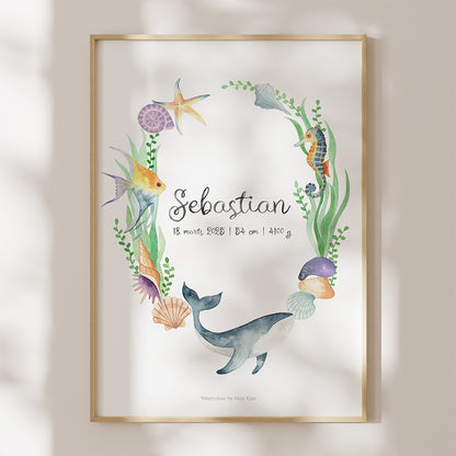 Framed artwork with underwater theme, including fish, seahorse, and whale, on a light background.