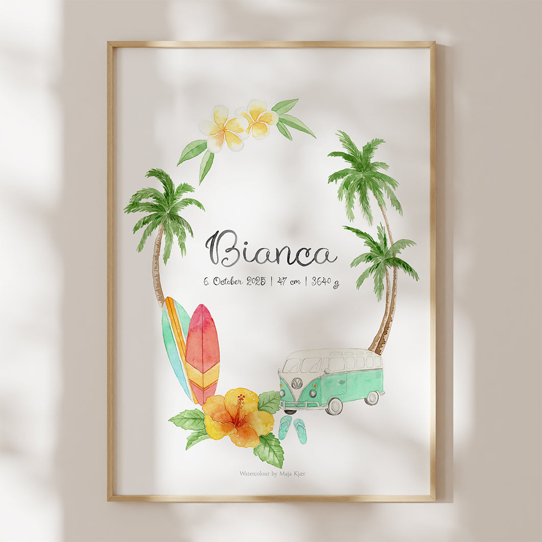 Framed artwork with palm trees, flowers, and a vintage car on a white background