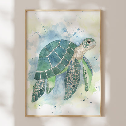 Framed watercolor painting of a green turtle on a light background