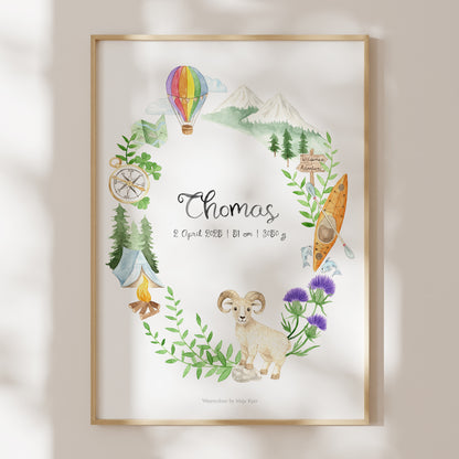 Framed custom zodiac poster with nature-themed elements and 'Thomas' text on a light background