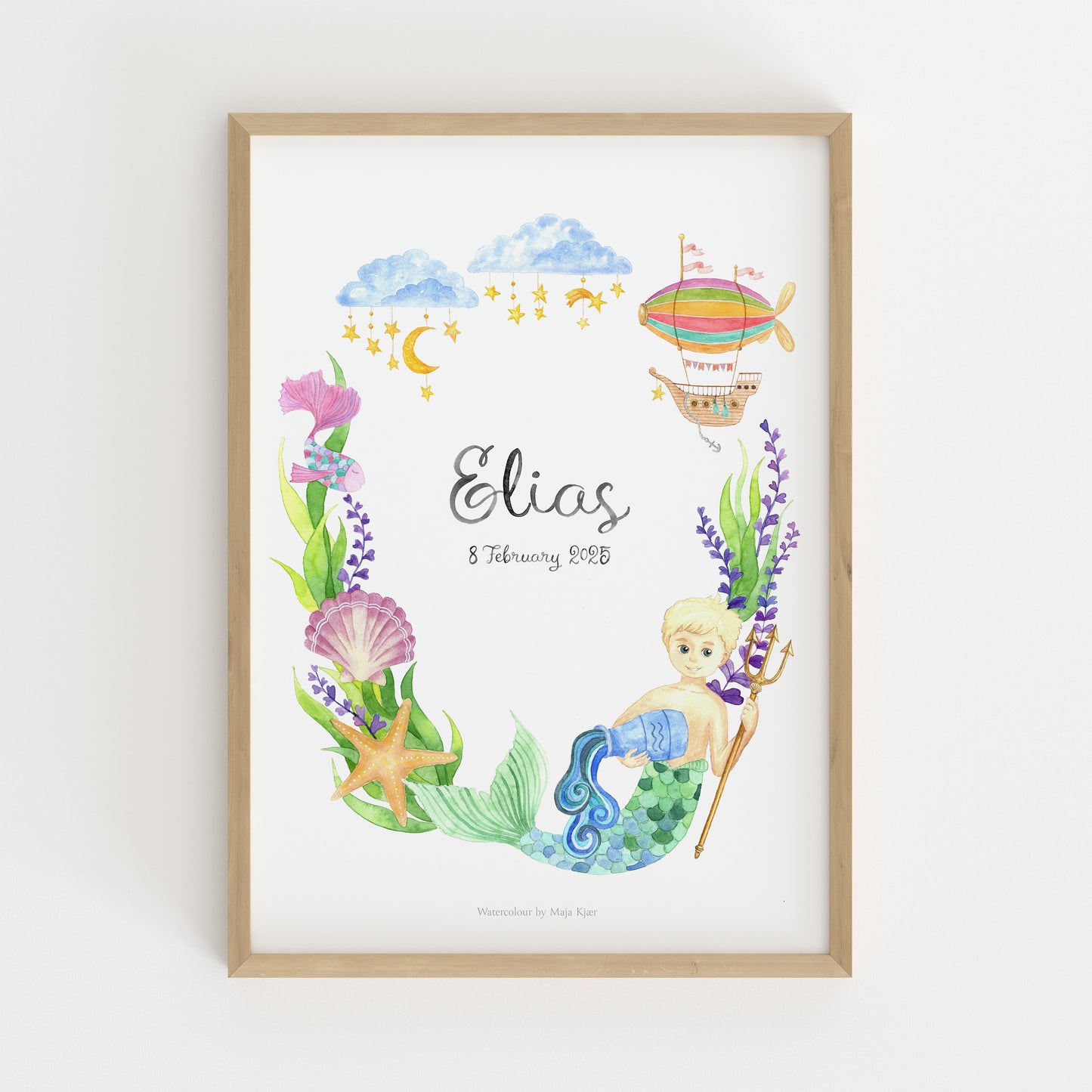 Watercolour zodiac sign poster for Aquarius boys with underwater theme and a magical airship, personalised with baby's name and birthdate