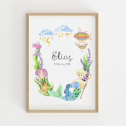 Watercolour zodiac sign poster for Aquarius boys with underwater theme and a magical airship, personalised with baby's name and birthdate