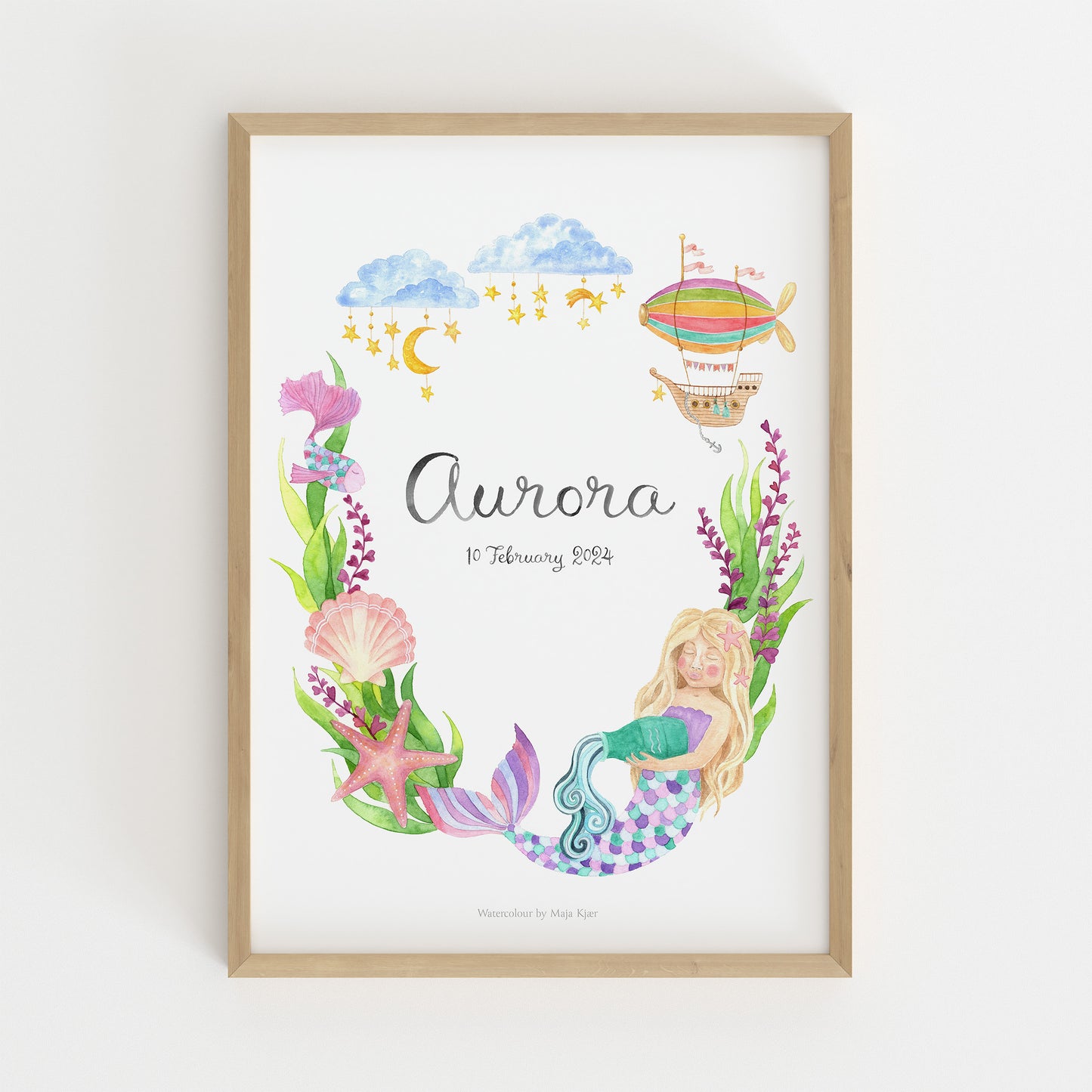 Custom zodiac poster for Aquarius girls with a mermaid, sea shells and ocean creatures in a wreath of sea grasses made to order with baby's name and birth details