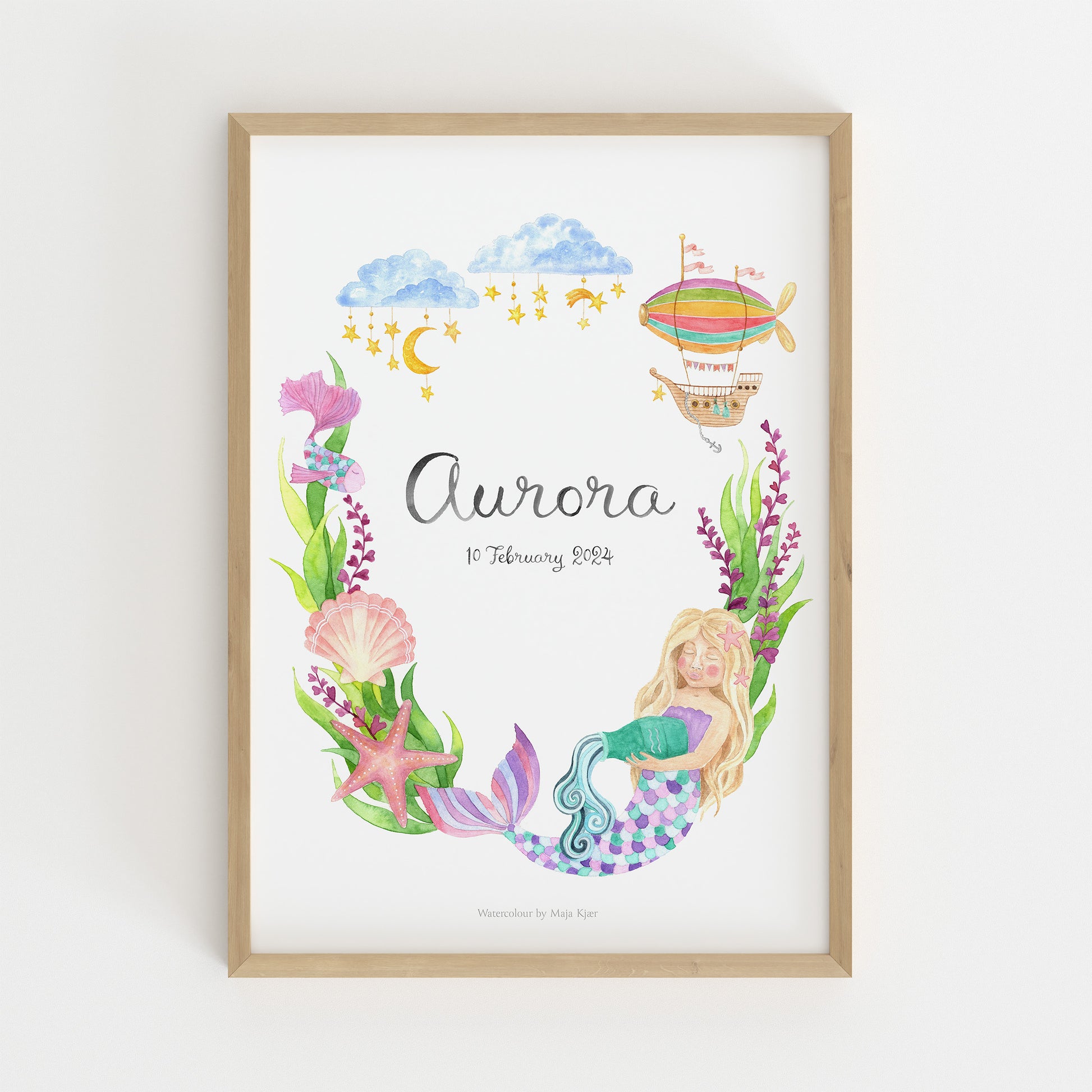Custom zodiac poster for Aquarius girls with a mermaid, sea shells and ocean creatures in a wreath of sea grasses made to order with baby's name and birth details