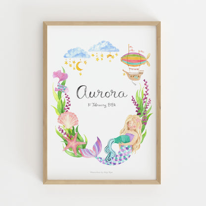 Custom zodiac poster for Aquarius girls with a mermaid, sea shells and ocean creatures in a wreath of sea grasses made to order with baby's name and birth details