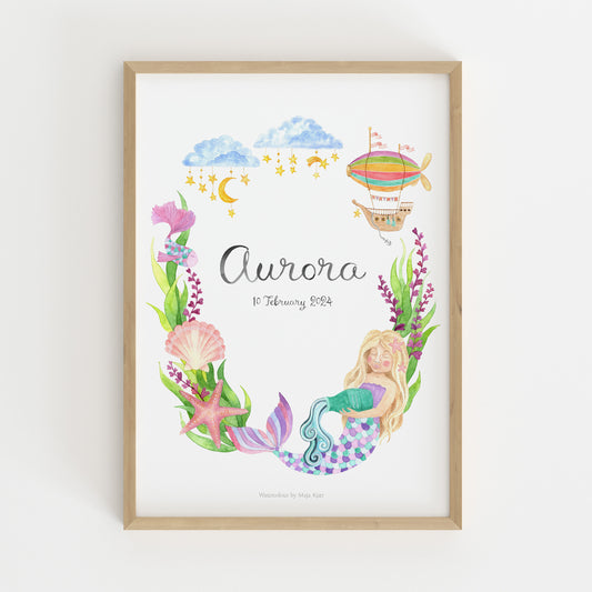 Custom zodiac poster for Aquarius girls with a mermaid, sea shells and ocean creatures in a wreath of sea grasses made to order with baby's name and birth details